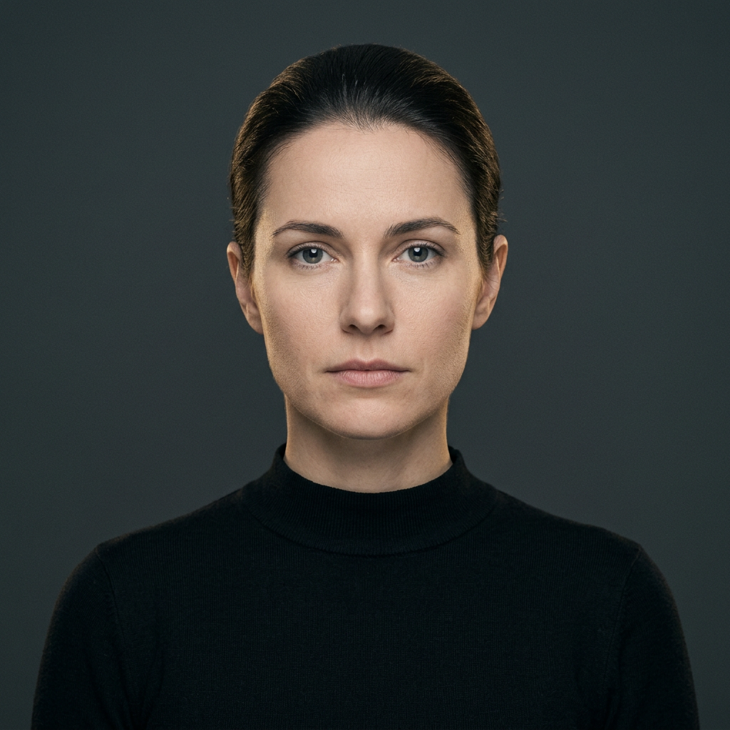 Identity portrait of Maya Laurent, a fictional example persona