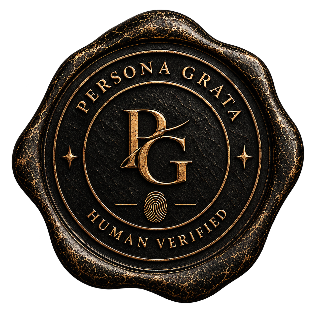 The Persona Grata seal — a PG monogram above a fine fingerprint, encircled by the words Persona Grata and Human Verified